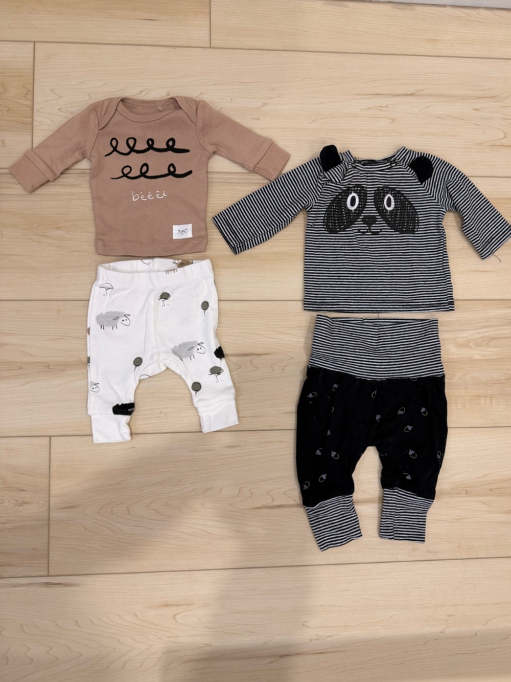 Beige Scribble Top & Panda Stripe 2 Sets for Kids - Beige, Black, White